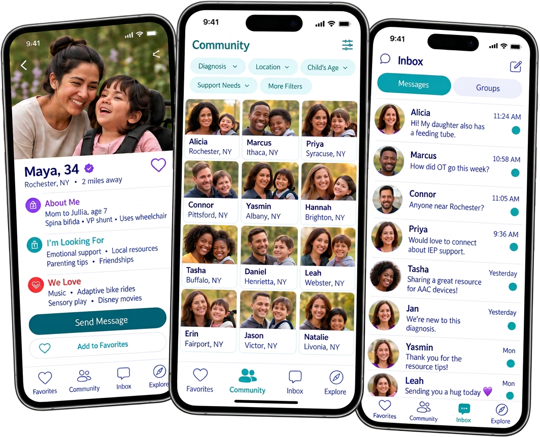 Caregivity app screens: caregiver profile, community grid of nearby parents, and inbox chat