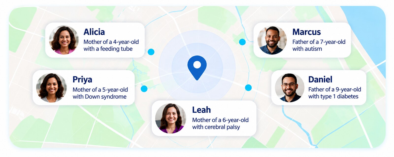 Map showing nearby Caregivity members like Alicia, Marcus, Priya, Daniel, and Leah around a central location
